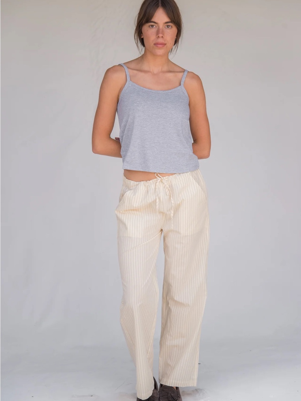 Striped Cream Drawstring Wide-Leg Pants